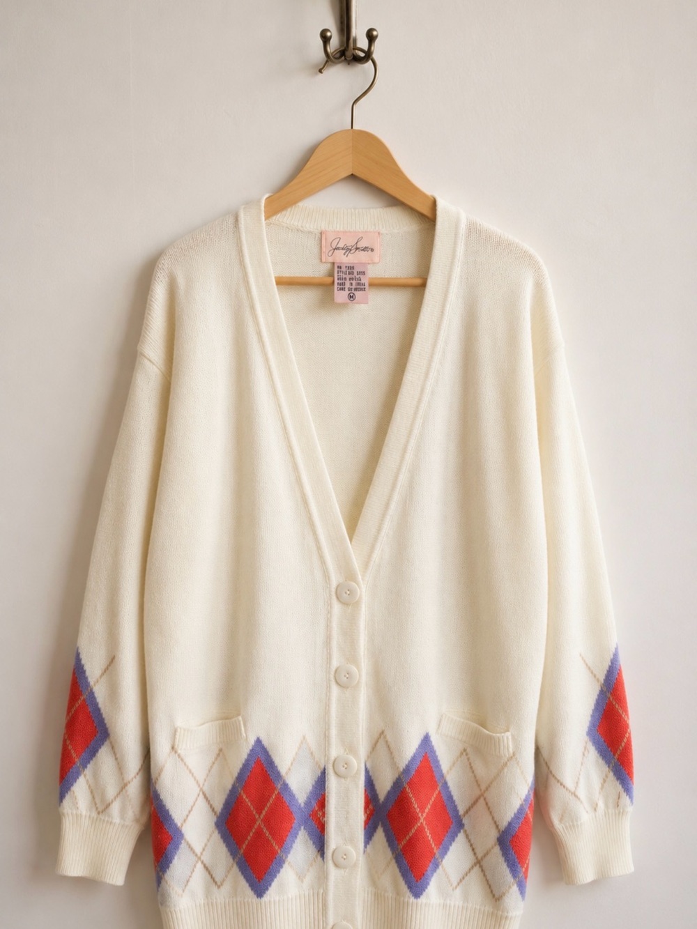 Vintage 90s Jaclyn Smith Argyle Longline Cardigan M - Picture 2 of 8
